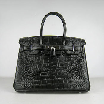 Hermes Birkin 30Cm Crocodile Stripe Handbags Black Silver